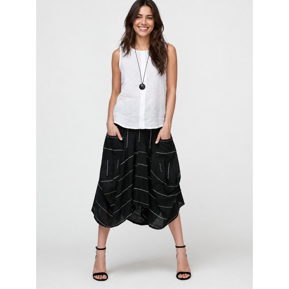 Inizio Lagenlook Linen Balloon Skirt Black Pinstripe Made in Italy Size S